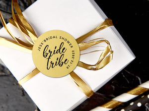 Custom "bride tribe" bridal shower stickers with a calligraphy font and modern design