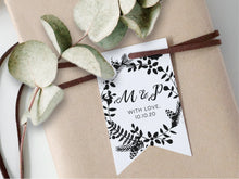 Load image into Gallery viewer, Flag-shaped initial gift tags for your custom wedding and party favours