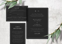 Load image into Gallery viewer, Black acrylic classic wedding invitation design with modern calligraphy