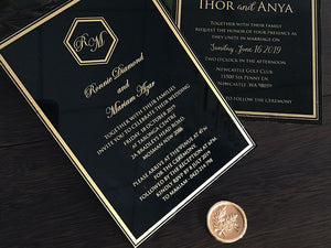 Black acrylic classic wedding invitation design with modern calligraphy