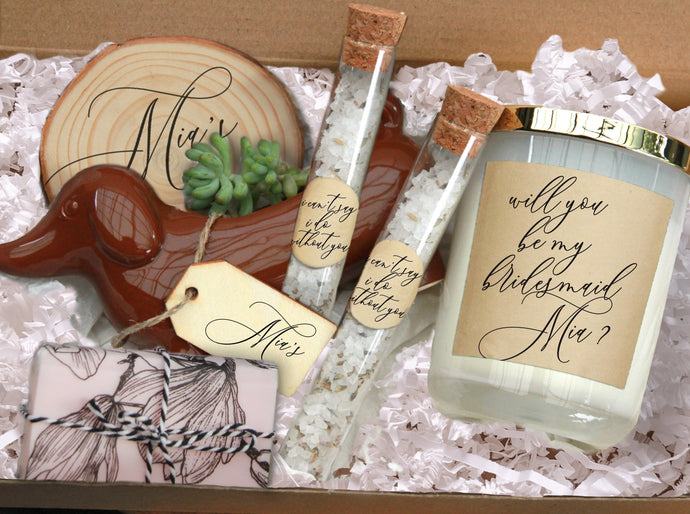 Bridesmaid proposal box with planter, bath salt, and candle