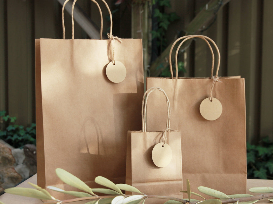 Kraft brown paper bag with personalised tags