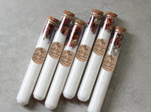 Load image into Gallery viewer, Glass test tubes with bath salt and custom word  for your wedding, party or event