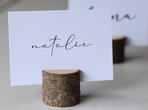 Custom wedding place card and wooden holder set