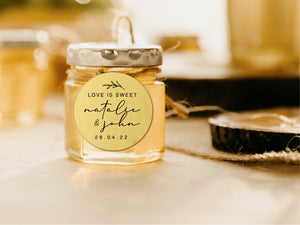 Love is sweet stickers for your wedding favour in a modern font and design