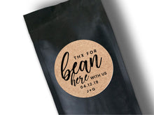Load image into Gallery viewer, Custom &quot;Thanks for Bean&#39;ing&quot; coffee bean favour wedding stickers with a calligraphy font modern design