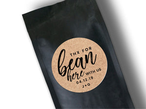Custom "Thanks for Bean'ing" coffee bean favour wedding stickers with a calligraphy font modern design