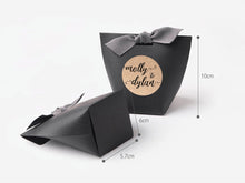 Load image into Gallery viewer, Standard Black Wedding or Party Favour Boxes with customised rustic Kraft label
