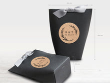 Load image into Gallery viewer, Large Black Wedding or Party Favour Boxes with customised rustic Kraft label