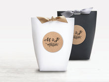 Load image into Gallery viewer, Large Black Wedding or Party Favour Boxes with customised rustic Kraft label