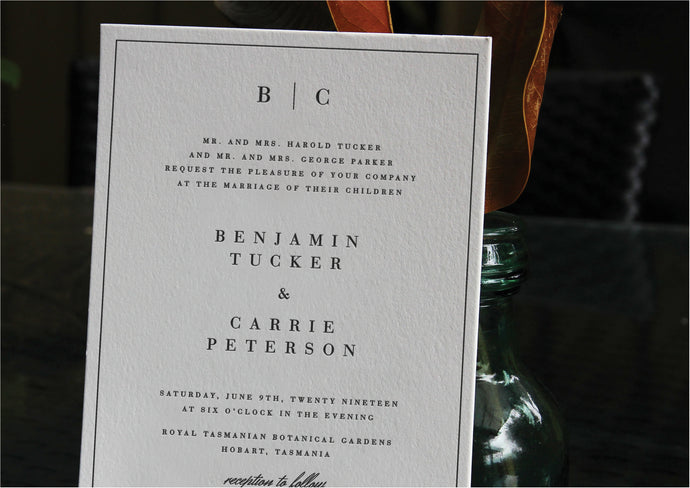 Classic letterpress wedding invitation design - green suite
