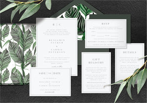 Classic letterpress wedding invitation design - green suite