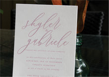 Load image into Gallery viewer, Mauve pink letterpress wedding invitation design