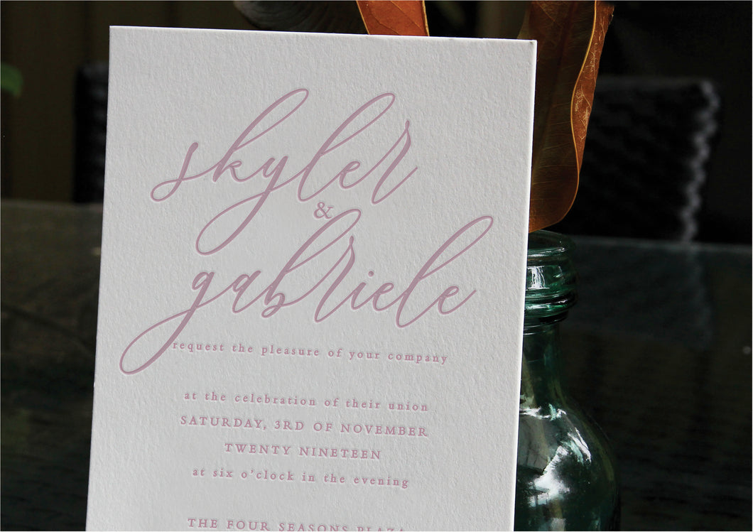 Mauve pink letterpress wedding invitation design