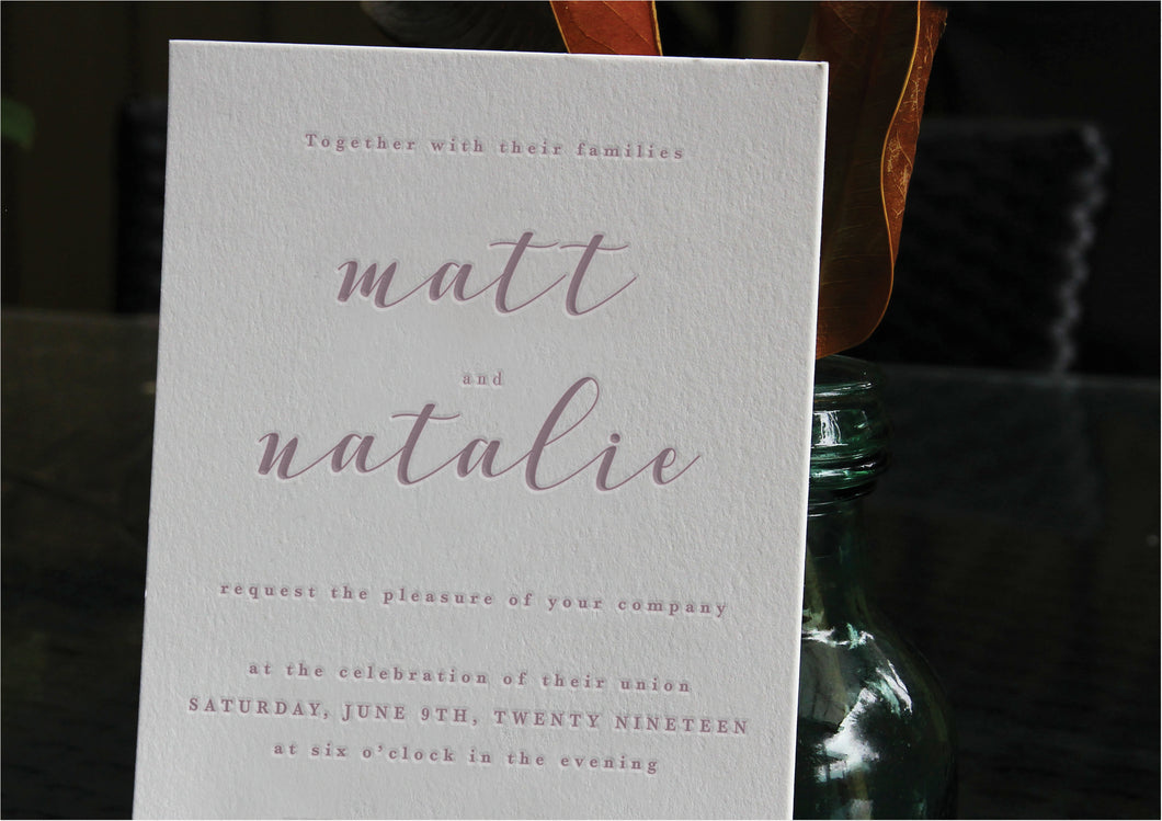 Dusty pink modern letterpress wedding invitation design