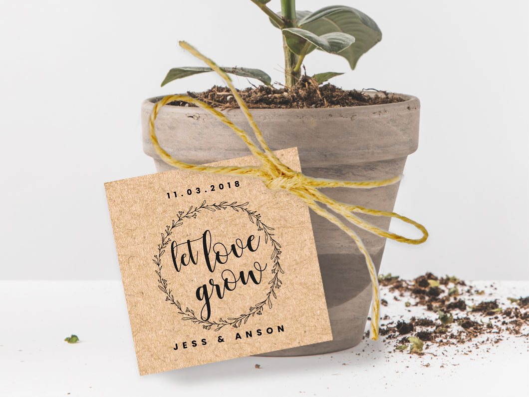 Square let love grow gift tags for your custom wedding and party favours