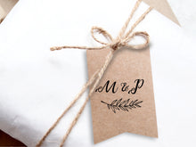 Load image into Gallery viewer, Flag-shaped initial gift tags for your custom wedding and party favours