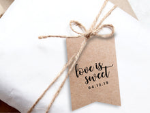 Load image into Gallery viewer, Flag-shaped &quot;love is sweet&quot; gift tags for your custom wedding and party favours