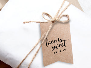 Flag-shaped "love is sweet" gift tags for your custom wedding and party favours