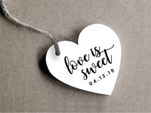 Load image into Gallery viewer, Heart-shaped &quot;love is sweet&quot; gift tags for your custom wedding and party favours
