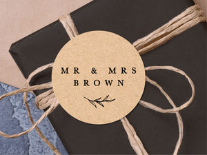 Custom Mr & Mrs name stickers with a classic font and modern design