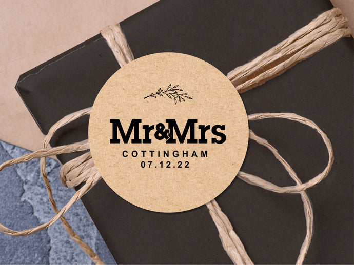 Custom Mr & Mrs name stickers with a classic font and modern design