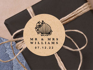 Custom Mr & Mrs name stickers with a classic font and modern shell design