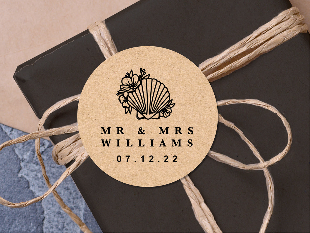 Custom Mr & Mrs name stickers with a classic font and modern shell design