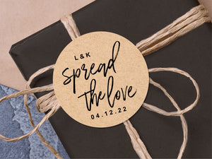 Custom "Spread the love" with initials wedding stickers with a calligraphy font and modern design