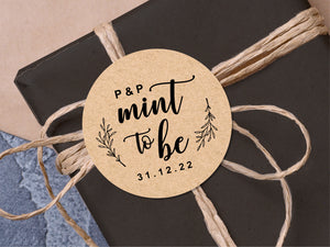 Custom "mint to be" with initial wedding stickers with a calligraphy font and modern design