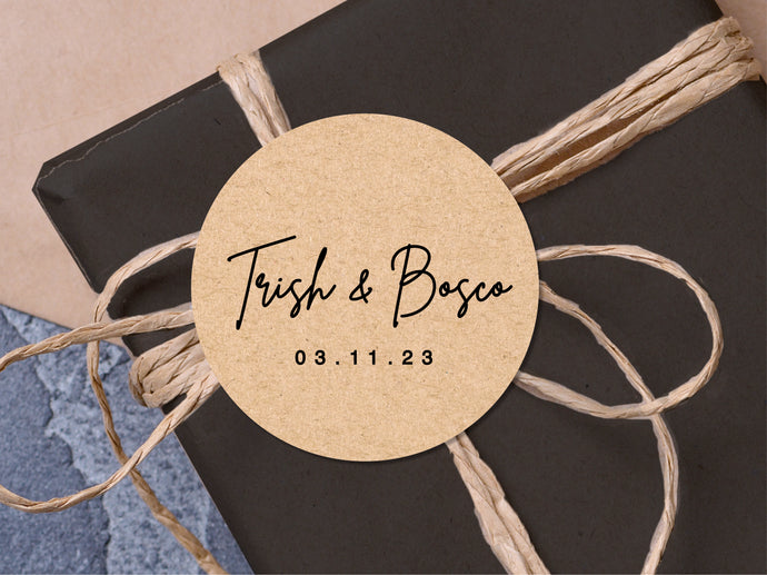 Custom Trish & Bosco wedding name stickers with a calligraphy font and modern design