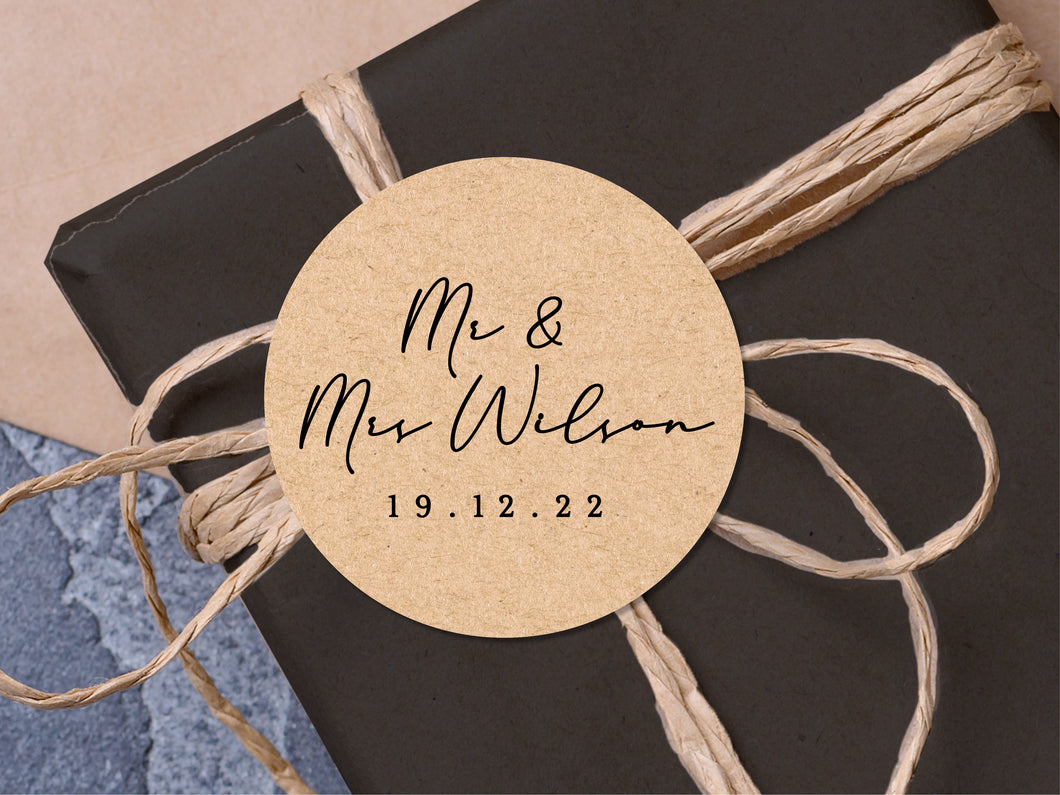 Custom Mr & Mrs name stickers with a calligraphy font and modern design