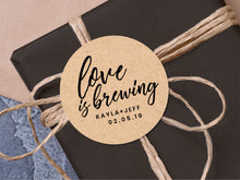Load image into Gallery viewer, Custom &quot;love is brewing&quot; wedding stickers with a calligraphy font modern design