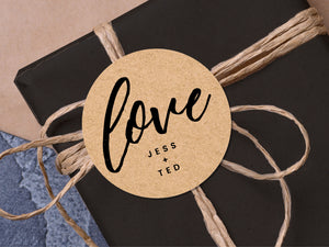 Custom "love" wedding stickers with a calligraphy font modern design
