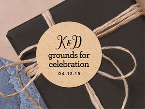 Custom "grounds for celebration" with initial wedding stickers with a calligraphy font and modern design