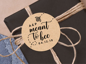 Custom "meant to bee" initial wedding stickers with a calligraphy font and modern design