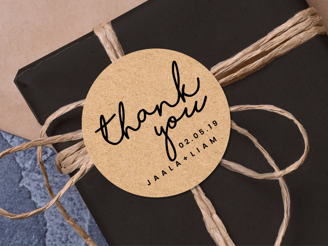 Custom thank you wedding stickers with a calligraphy font modern design