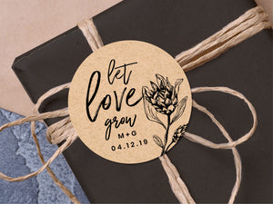 Custom "let love grow" initial wedding stickers with a calligraphy font and modern design