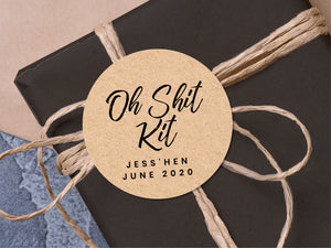 Custom "oh shit kit" wedding stickers with a calligraphy font modern design