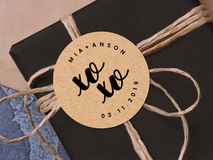 Custom xoxo wedding stickers with a calligraphy font modern design