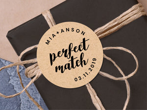 Custom "perfect match" wedding stickers with a calligraphy font modern design
