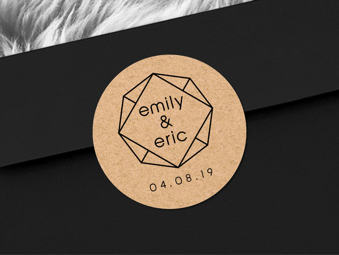 Custom wedding name stickers with a calligraphy font and modern design