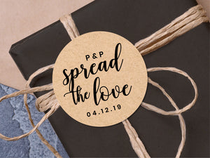 Custom "spread the love" with initial wedding stickers with a calligraphy font and modern design