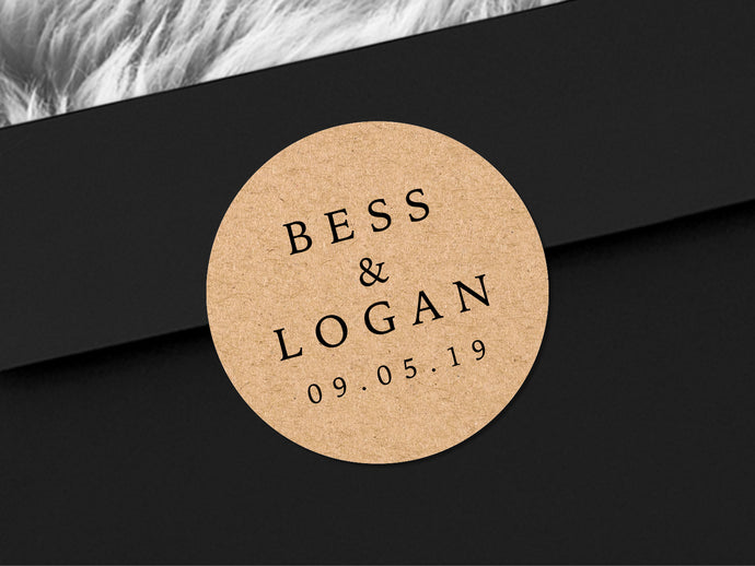 Custom wedding name stickers with a calligraphy font and modern design