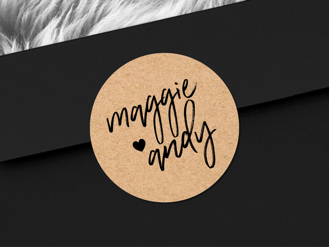 Custom wedding name stickers with a calligraphy font and modern design