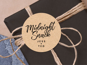 Custom "Midnight snack" wedding stickers with a calligraphy font modern design