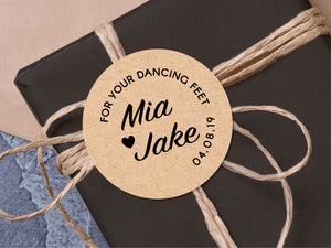 Custom "dancing feet" wedding stickers with a calligraphy font modern design