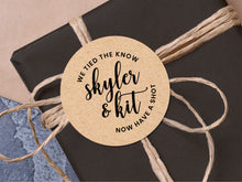Load image into Gallery viewer, Custom &quot;we tied the knot&quot; wedding stickers with a calligraphy font modern design