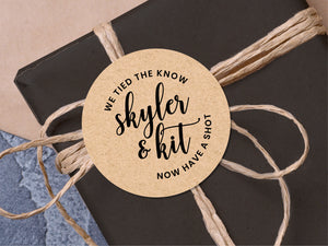 Custom "we tied the knot" wedding stickers with a calligraphy font modern design