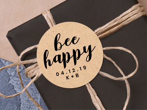 Custom "bee happy" with initial wedding stickers with a calligraphy font and modern design